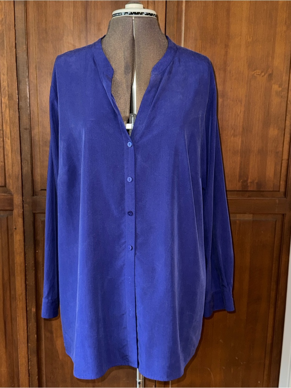Eileen Fisher Deep Blue Silky Button-Front Blouse Mandarin Collar 1X